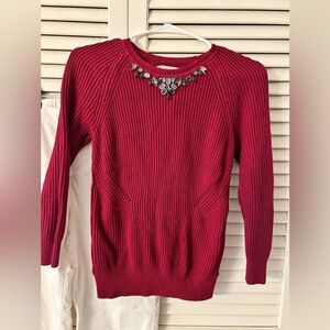 LOFT Red Sweater with Embellished Neckline